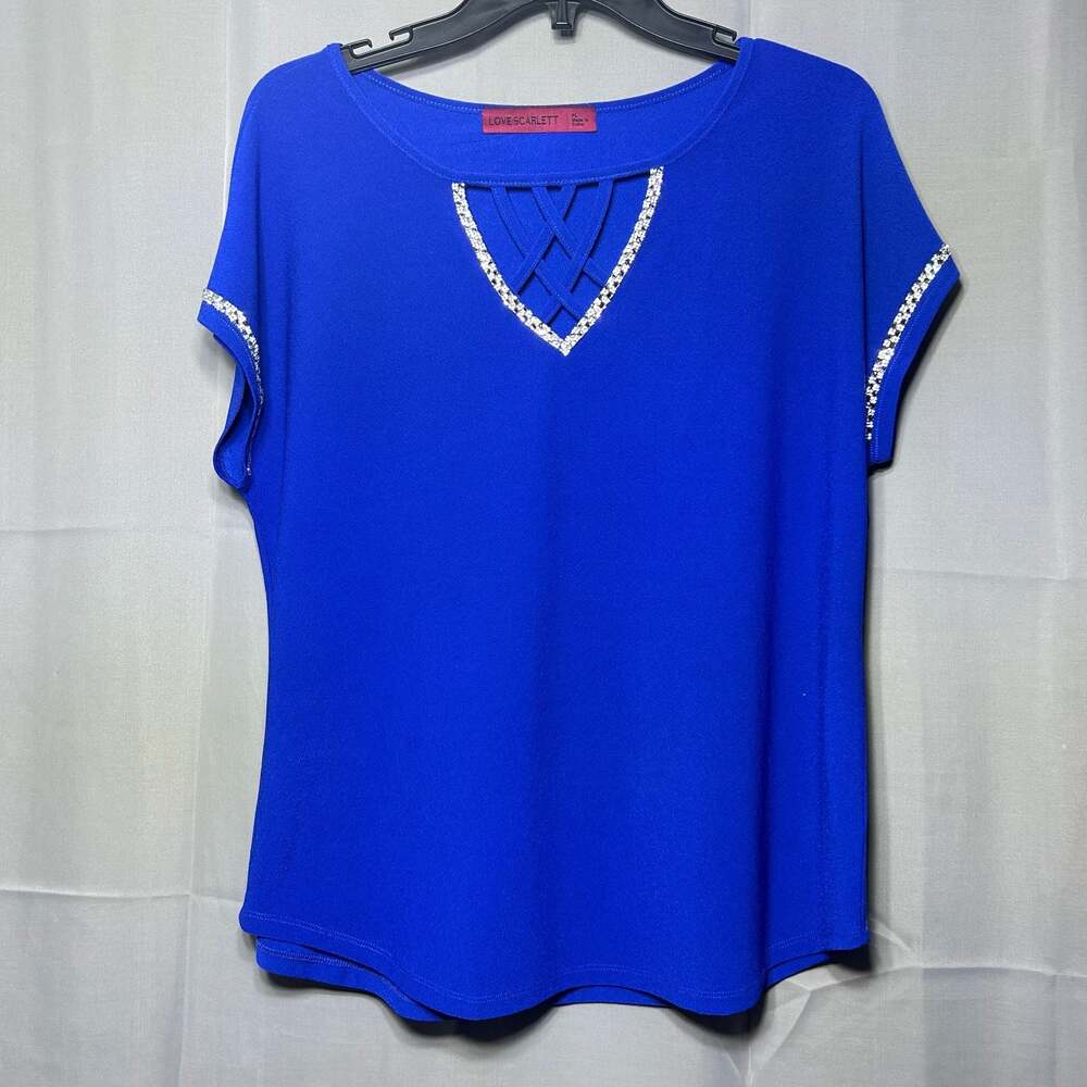 Love Scarlett Royal Blue Lattice Neck Rhinestone Trim Top Size PL